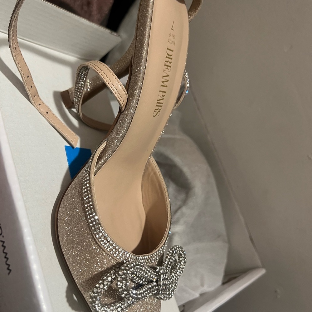 Dream Pairs Glitter Heels with Rhinestone Bow - Gold